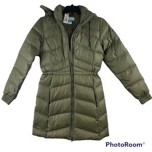 Womens Columbia Sportswear Size Small Long Insulated Hooded Green Puffer Jacket